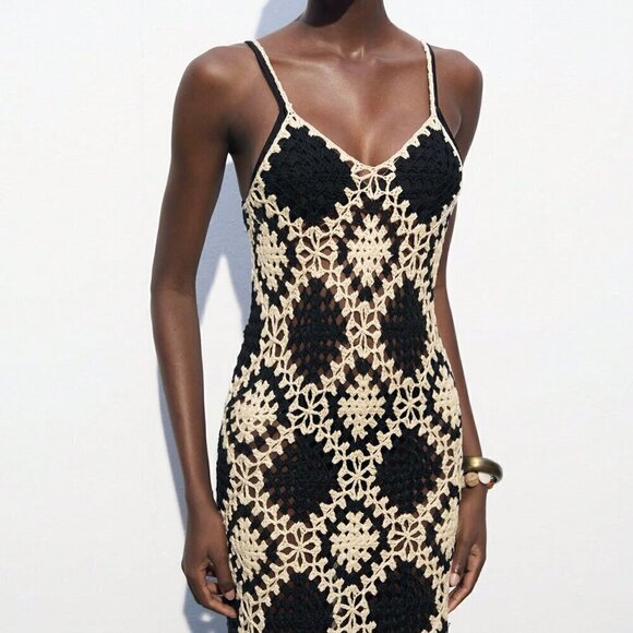 Black and White Party Women's Contrast Color Crochet Knit Sweater Dress - Picture 4 of 8